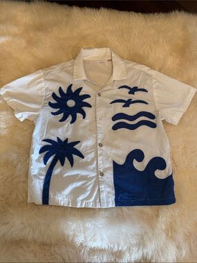 Zara White Button-Down Shirt with Blue Beach Appliqués